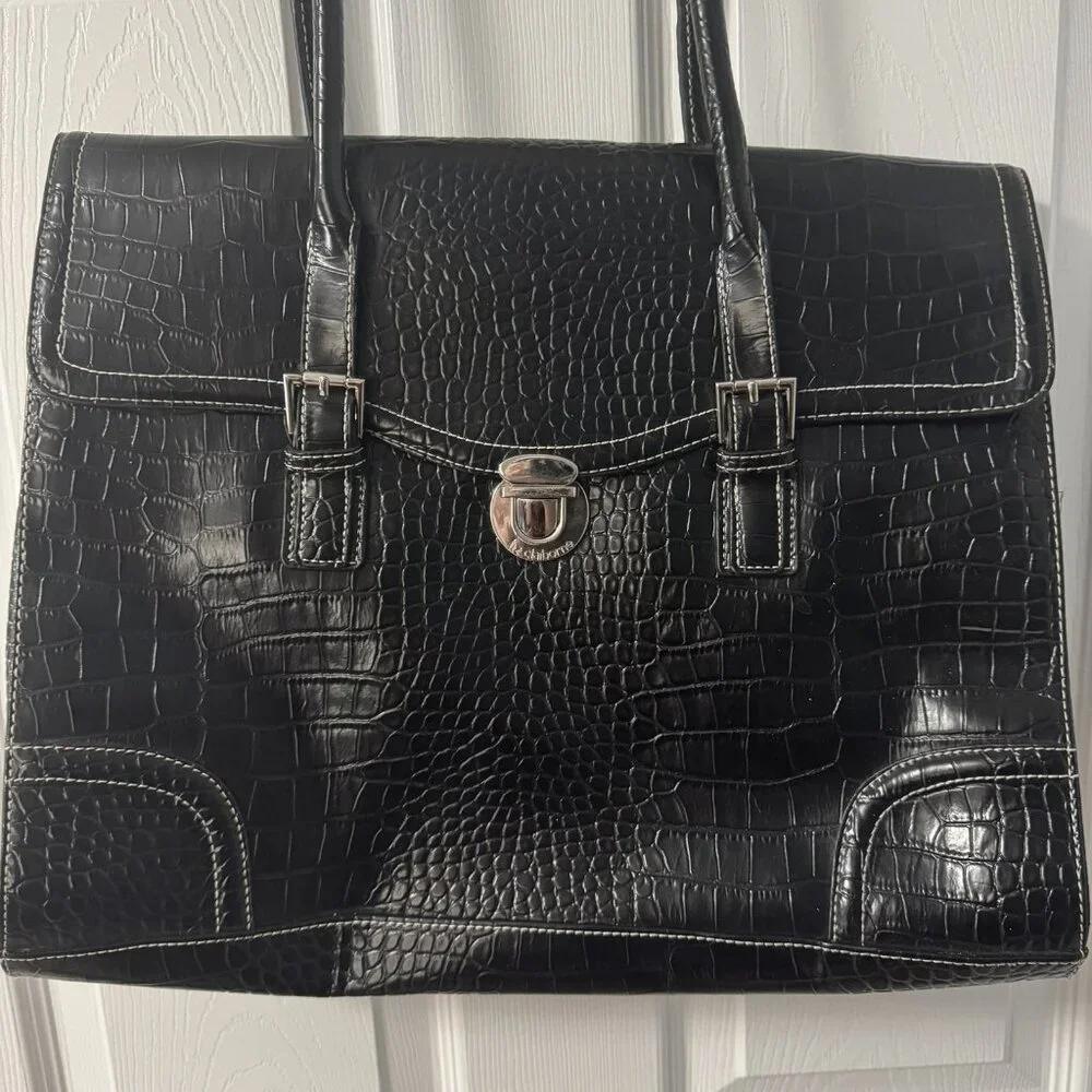 Liz Claiborne Tote Bag Womens Large Black Faux Croc Embossed Purse Satchel Work - Picture 2 of 10